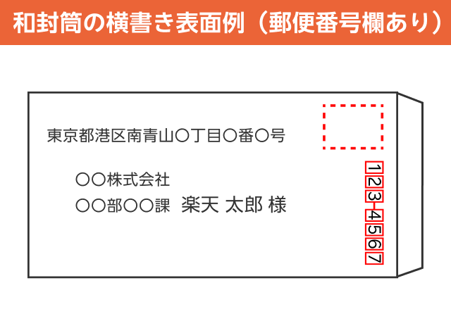 和封筒の横書き表面例(郵便番号欄あり)