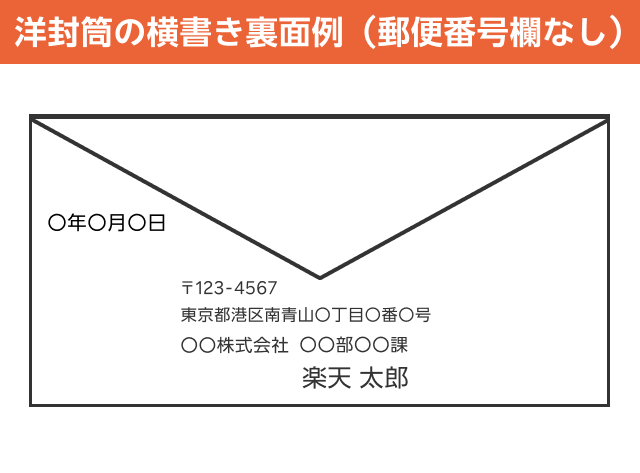 洋封筒の横書き裏面例(郵便番号欄なし)