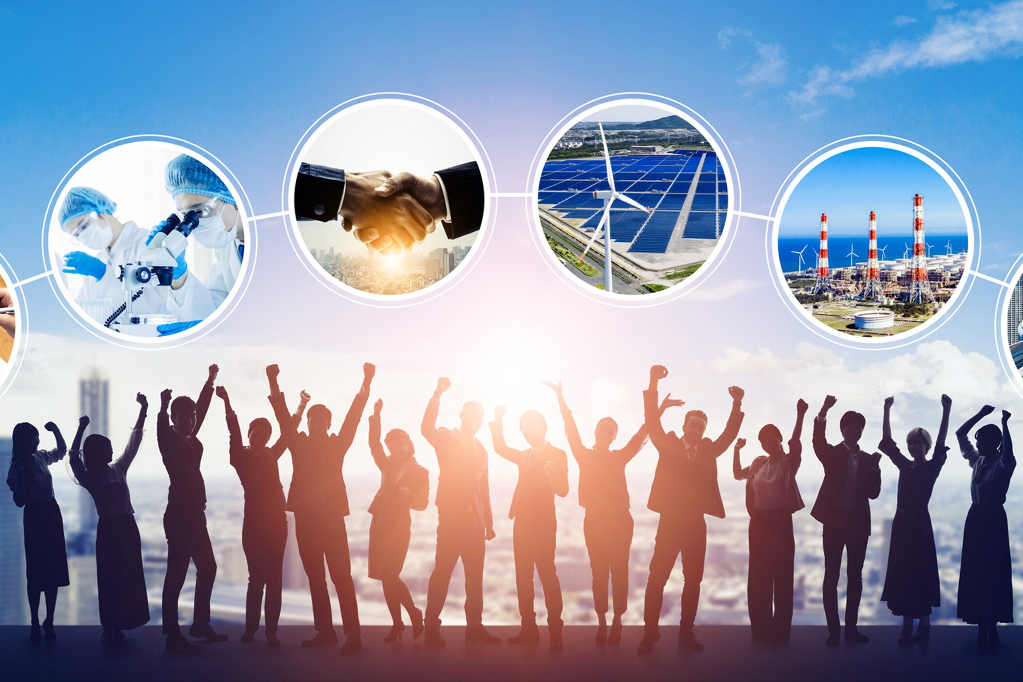 さまざまな分野の産業とガッツポーズをするビジネスマンたち